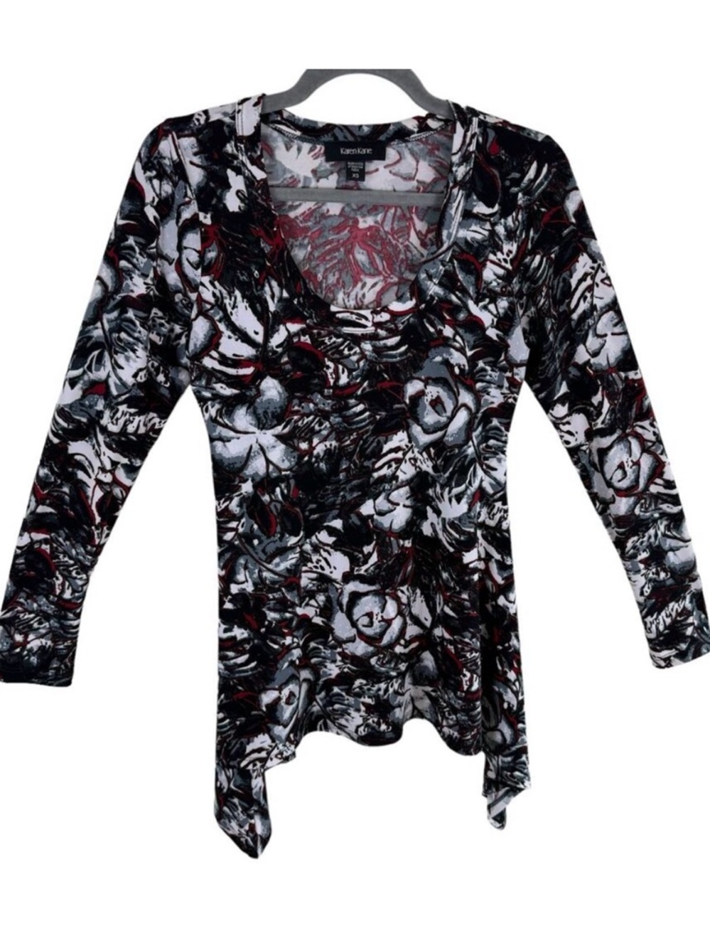 Karen Kane Red Black Floral Scoop Neck‎ 3/4 Sleeve Jersey Knit Blouse Size XS